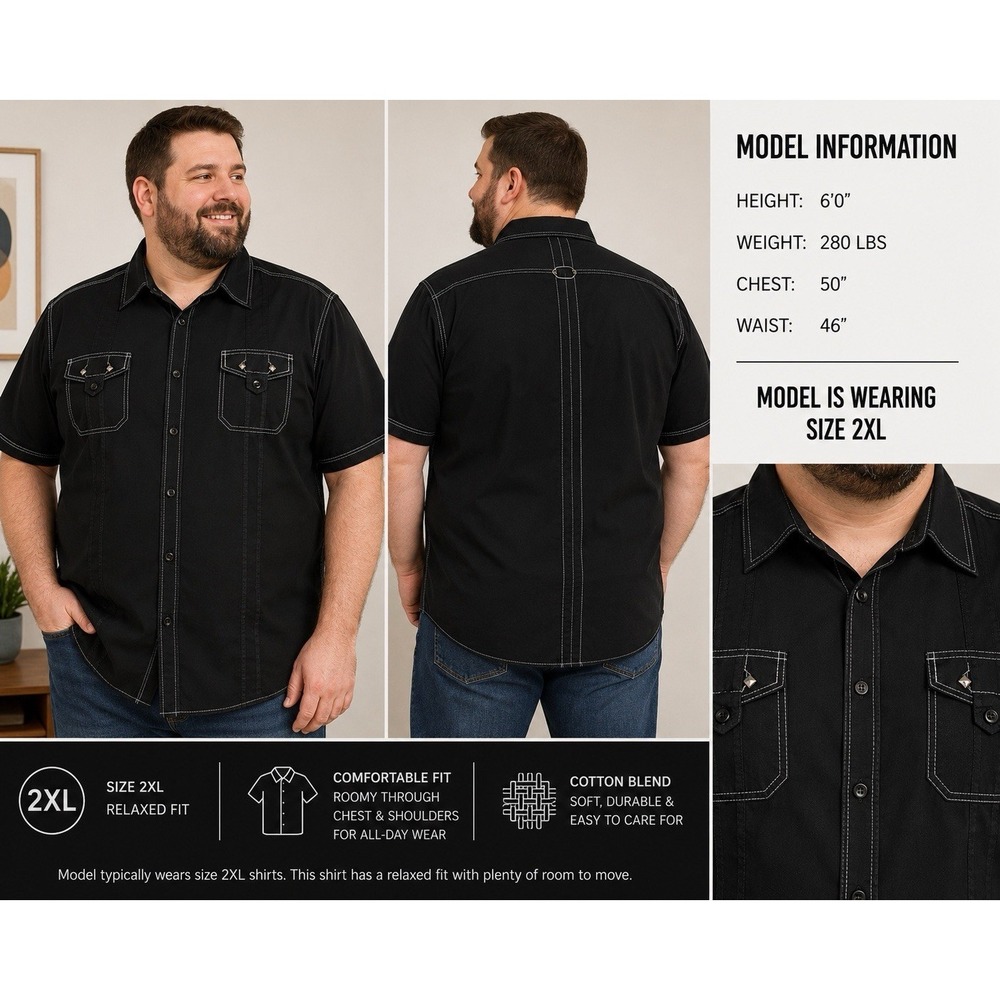 Riflessi Mens 2XL Black‎ Camp Shirt Contrast Stitch Rockabilly Y2K Western EUC